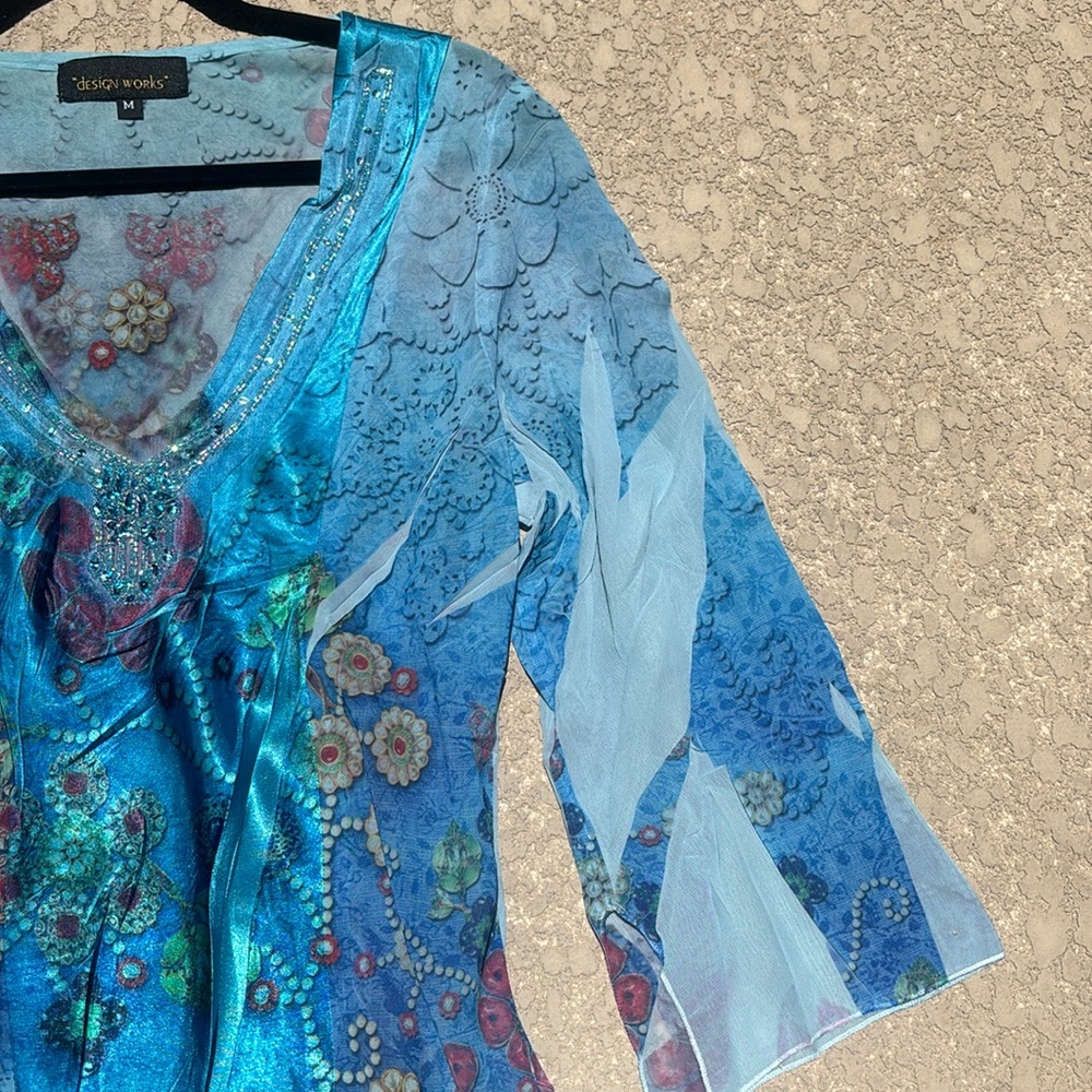 Design Works Top Beaded Sequins Fairy V-neck Blue Sheer Silky Size Medium - Picture 5 of 11